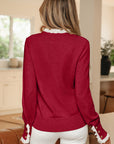 Lace Trim Patchwork Buttoned Cuff Sweater