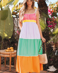 Colorblock Self-Tie Straps Pocketed Flowy Maxi Dress