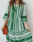 Boho Geometric Stripe Half Buttoned Dress