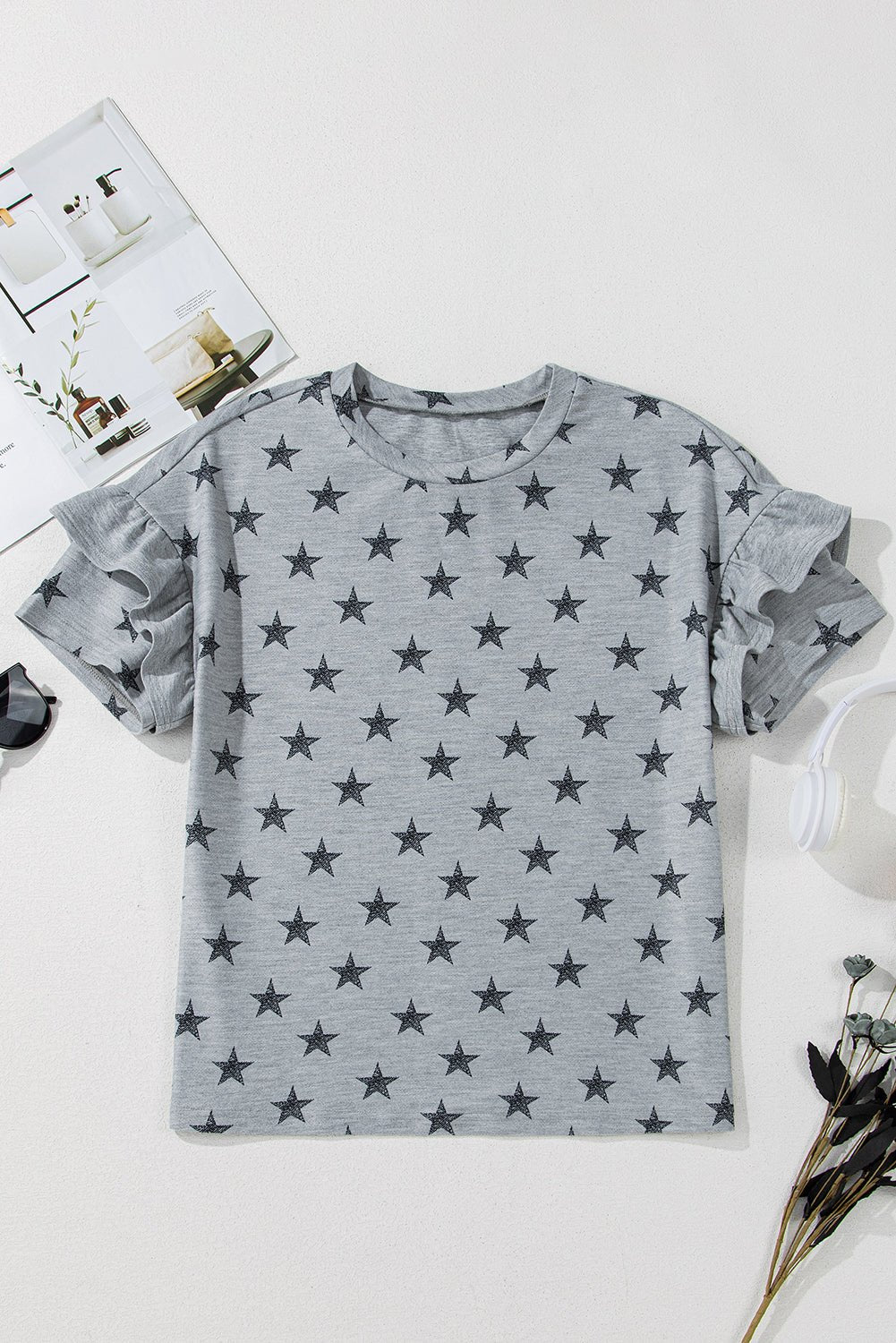 Joelle Star Ruffled Sleeve Crew Neck Top