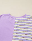 Purple Stripe Patchwork Buttoned Drop Shoulder Plus Size Pullover