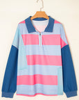 Plus Size Stripe Colorblock Patchwork Half-Zip Top