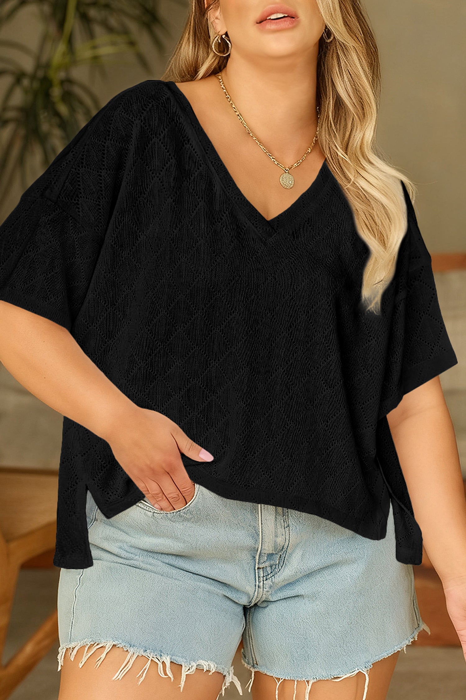Plus Size Rhombus Pointelle Knit V-Neck Top