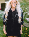 Velvet Sequin Puff Sleeve Buttoned Peplum Shirt