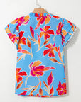 Floral V-Neck Pompom Trim Flutter Sleeve Blouse
