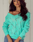 Hollow-Out Knit V-Neck Drop Shoulder Sweater