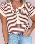 Stripe Half Buttoned Short Sleeve Top