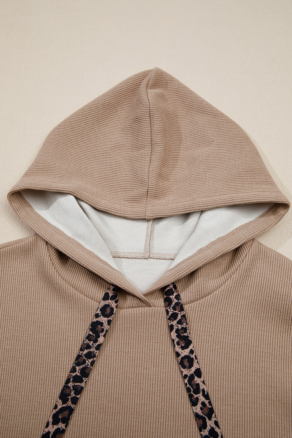 Ribbed Knit Leopard &amp; Lace Drawstring Hoodie