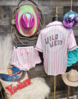 Baha Ranch Retro Pop Western Wild West Pink Pin Stripe Satin Pajamas