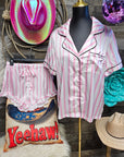 Baha Ranch Retro Pop Western Wild West Pink Pin Stripe Satin Pajamas