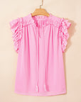 Plus Size Solid Ruffle Tassel Tie V-Neck Blouse