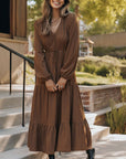 Solid Buttoned V-Neck Long Sleeve Tiered Maxi Dress