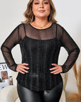 Plus Size Shimmer Textured Mesh Long Sleeve Top