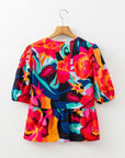 Floral Abstract Front Tie Puff Sleeve Blouse