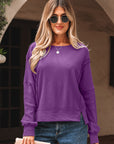 Solid Ribbed Raw Seam Patchwork Drop Shoulder Sweatshirt