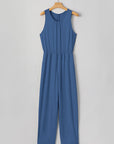 Solid Pleated Detail Sleeveless Elastic Waist Jumpsuit