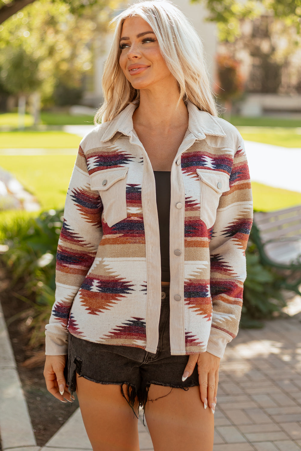 Western Aztec Corduroy Patchwork Pocketed Shacket
