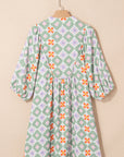 Geometric Floral 3/4 Sleeve Notched Neck Mini Dress