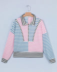 Stripe Colorblock Patchwork Half-Zip Long Sleeve Top