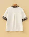 Leopard Patchwork Trim Split Neck Blouse