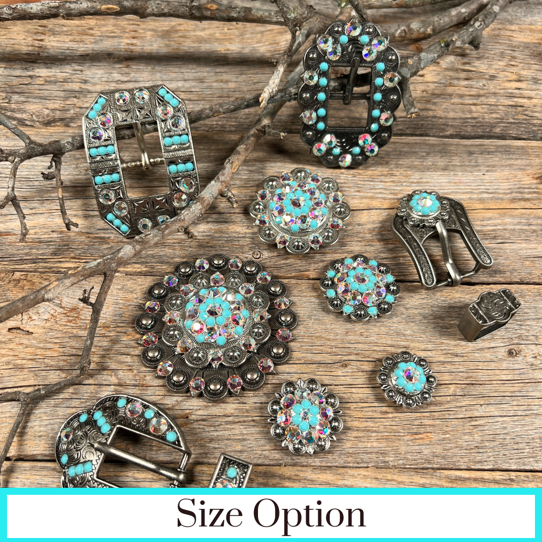 Antique Silver Turquoise, AB Crystal Conchos - Sizes from 1"- 3" and Buckles