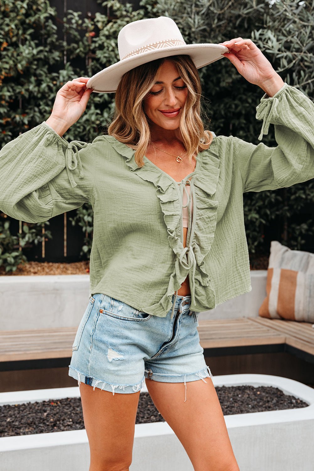 Natalia Bow Tie Front Ruffle Trim Long Sleeve Gauze Blouse