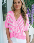 Stripe Bow Tie V-Neck Short Sleeve Sweater