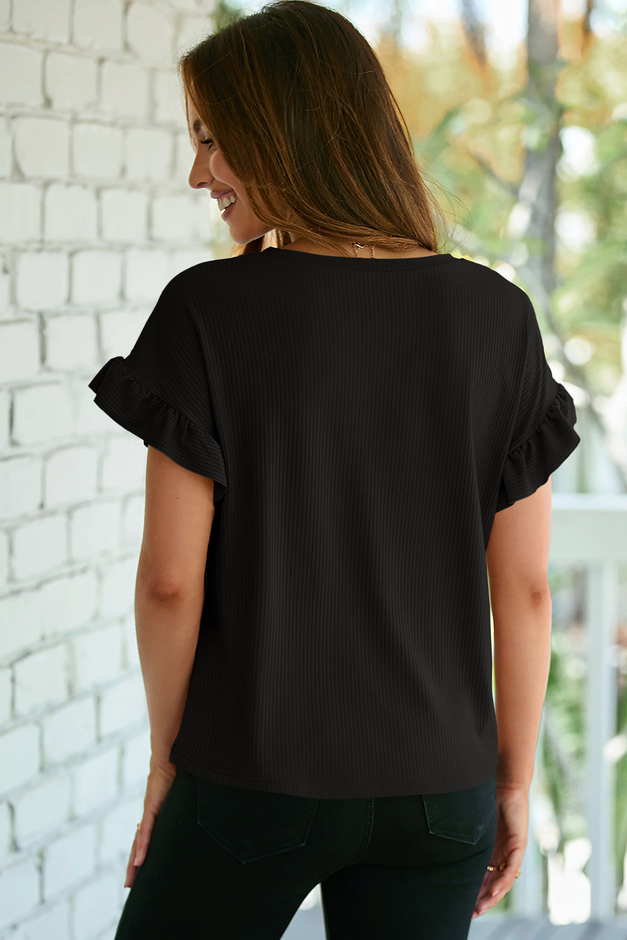 Solid Ribbed Knit Ruffle Short Sleeve T-Shirt