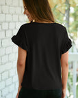 Solid Ribbed Knit Ruffle Short Sleeve T-Shirt