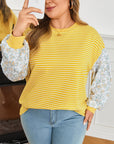 Plus Size Stripe Floral Patchwork Long Sleeve Top