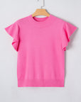 Solid Ruffle Sleeve Round Neck Ribbed Sweater