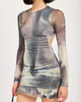 LONG SLEEVE RUFFLED MINI DRESS WITH CUTOUT