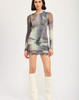 LONG SLEEVE RUFFLED MINI DRESS WITH CUTOUT