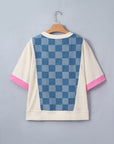 Checker Denim Patchwork Short Sleeve Loose Top