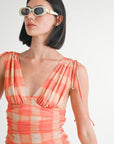 SHIRRED MINI DRESS WITH SHOULDER TIE
