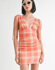 SHIRRED MINI DRESS WITH SHOULDER TIE