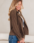 Solid Corduroy Lapel Collar Zip-Up Buttoned Jacket