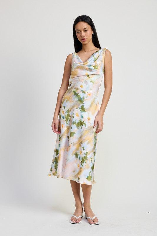 FLORAL MIDI COWL NECK DRESS