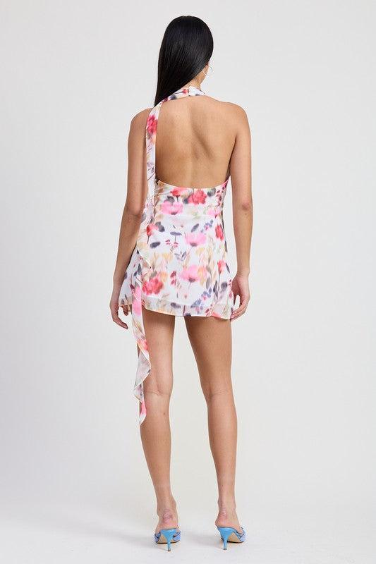 MINI HALTER NECK FLORAL DRESS