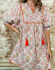 Floral Tassel Tie V-Neck Scalloped Trim Mini Dress