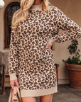 Leopard High Neck Long Sleeve Sweater Dress
