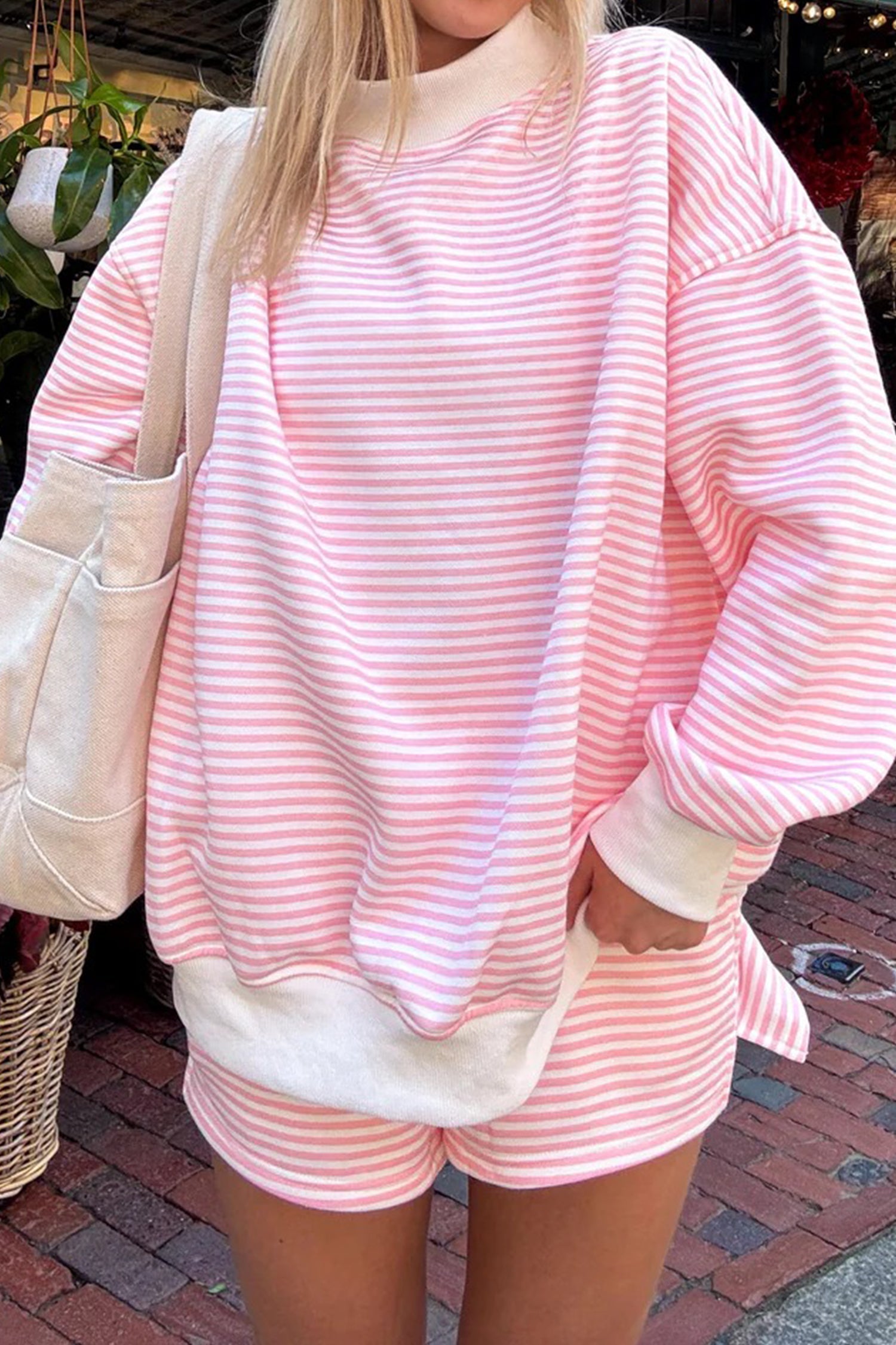 Stripe Oversize Mock Neck Sweatshirt &amp; Shorts Set