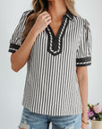 Stripe Collared V-Neck Bubble Sleeve Blouse