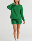 Textured Long Sleeve Top and Drawstring Shorts Set