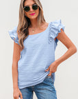 Textured Bow Back Frilled Butterfly Sleeve Blouse