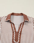 Stripe Collared V-Neck Bubble Sleeve Blouse