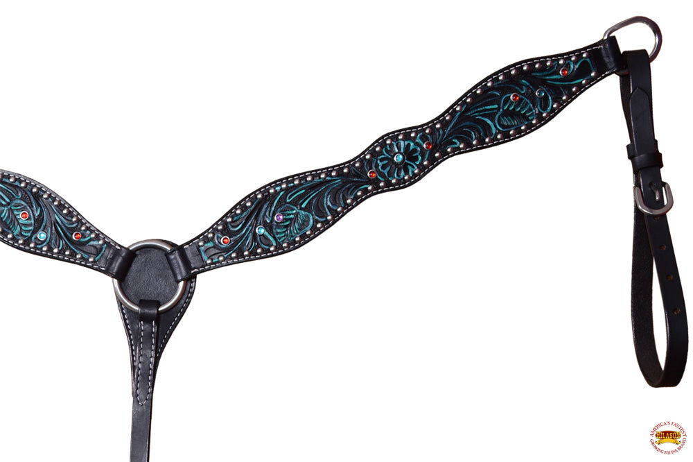 HILASON  Horse Leather Breast Collar Floral Black With Turquoise Inlay