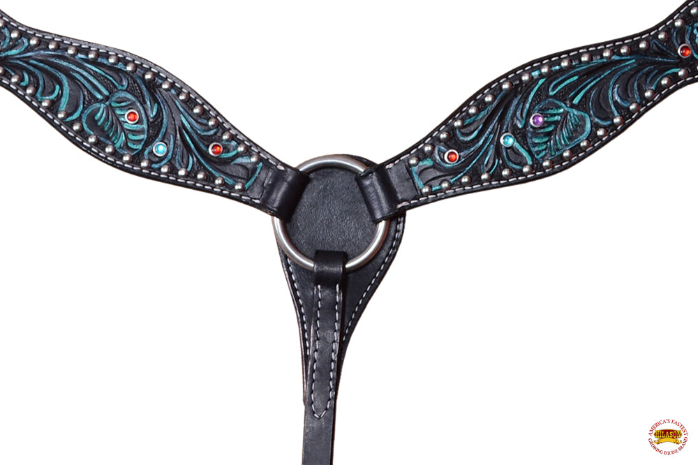 HILASON  Horse Leather Breast Collar Floral Black With Turquoise Inlay