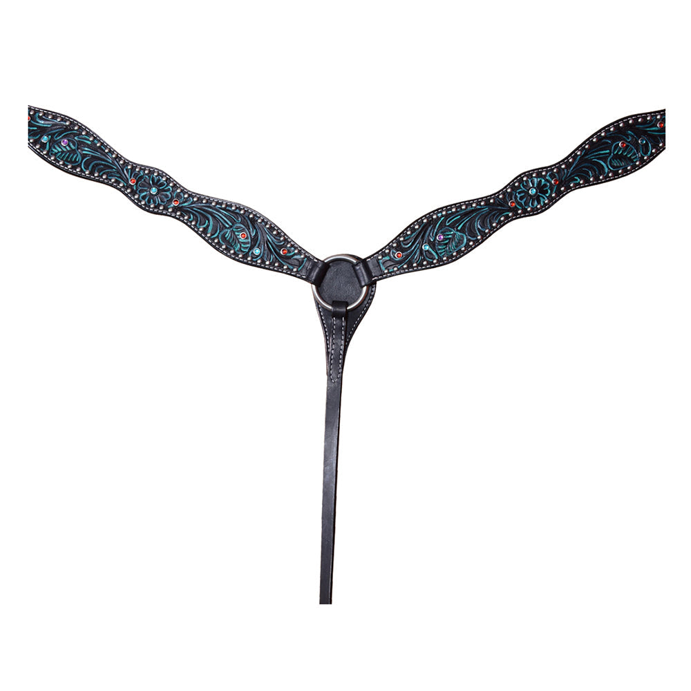 HILASON  Horse Leather Breast Collar Floral Black With Turquoise Inlay