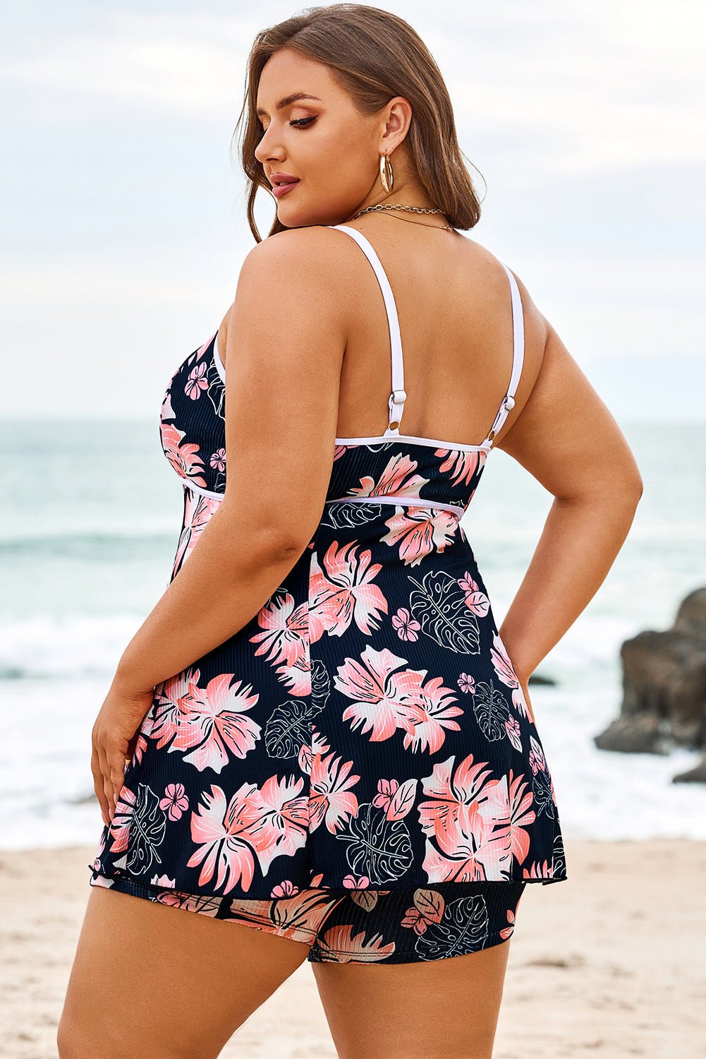 Plus Size Ribbed Contrast Trim Tankini Swimsuit Set
